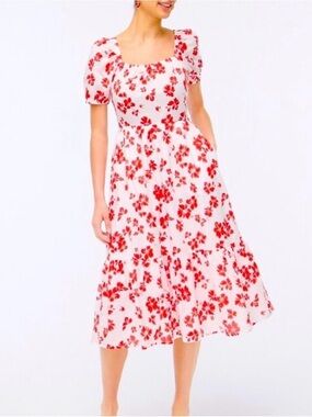J. Crew Floral puff-sleeve tiered midi dress (Sz XL) White and Red Floral Cotton